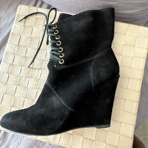Betsey Johnson Black Suede Lace-Up Wedge Booties